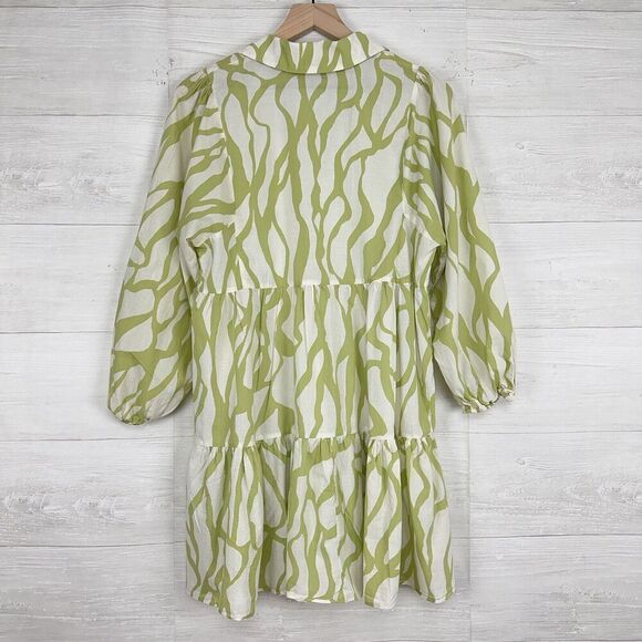 Zara Printed Babydoll Dress S Green Balloon Sleeves Tiered Mini V Neck Tie Fall - Picture 7 of 15